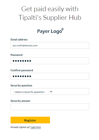 Supplier Hub registration page