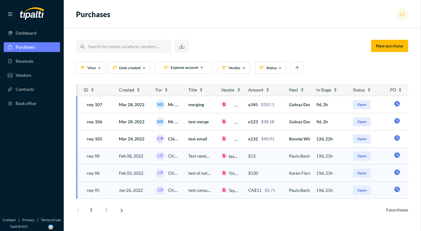 Purchases page