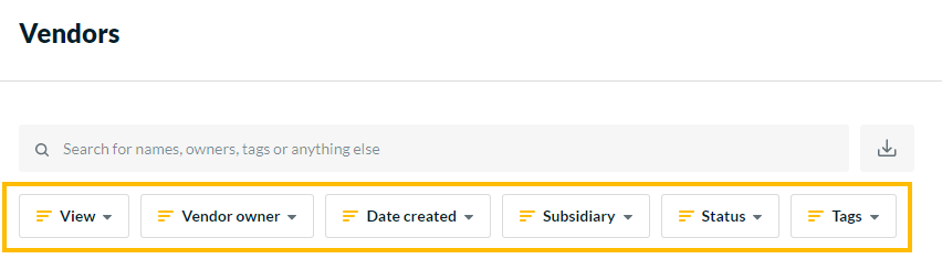 The filters on the Vendors page