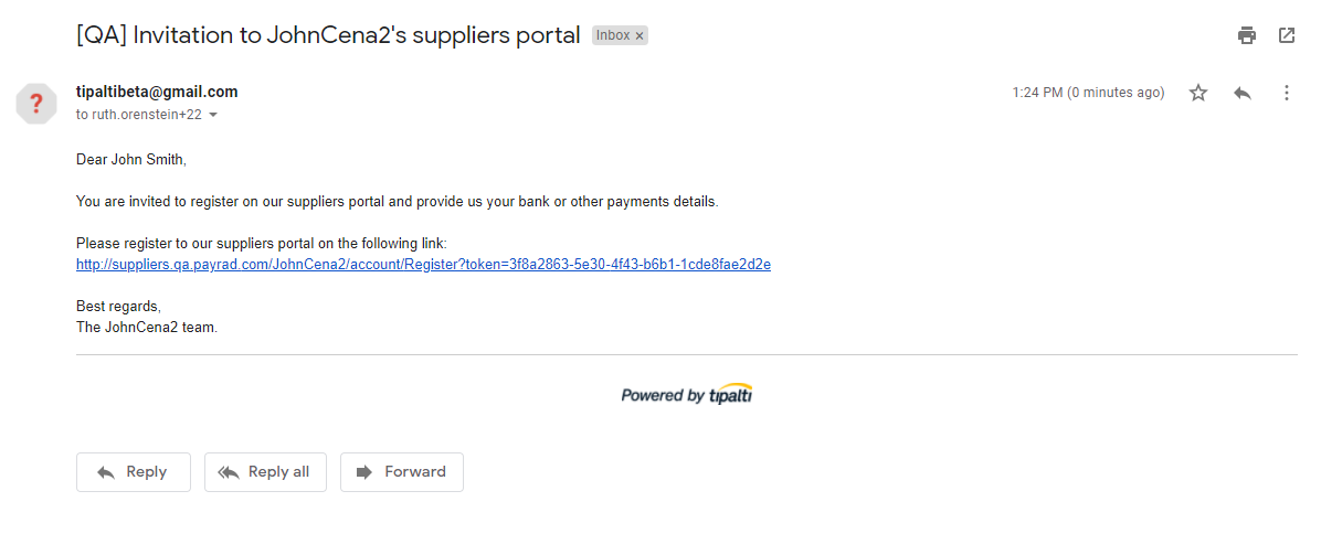 Email invitation to register in the Suppliers Portal