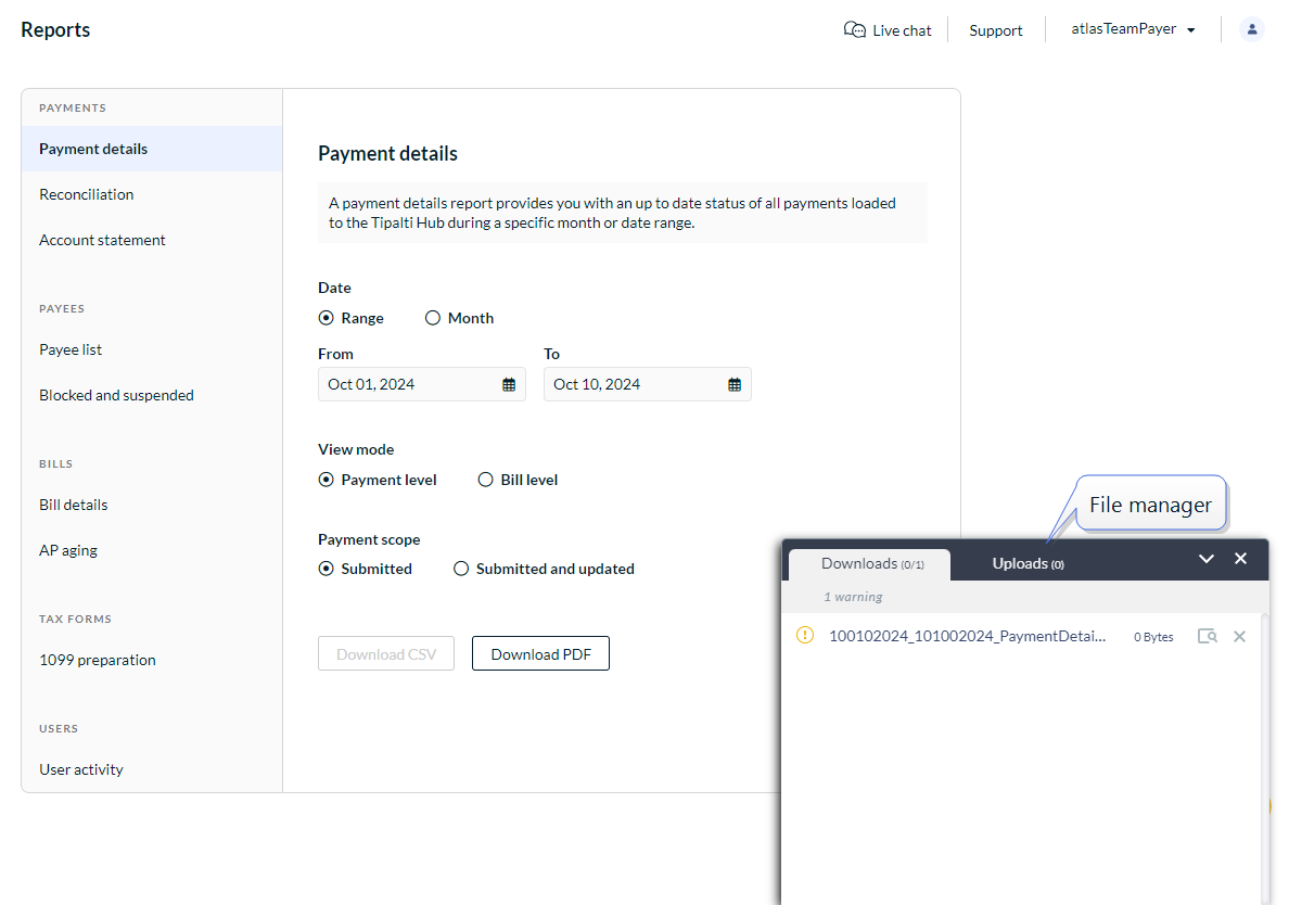 Reports screen