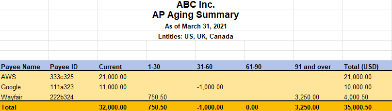 Sample of AP Aging summary report