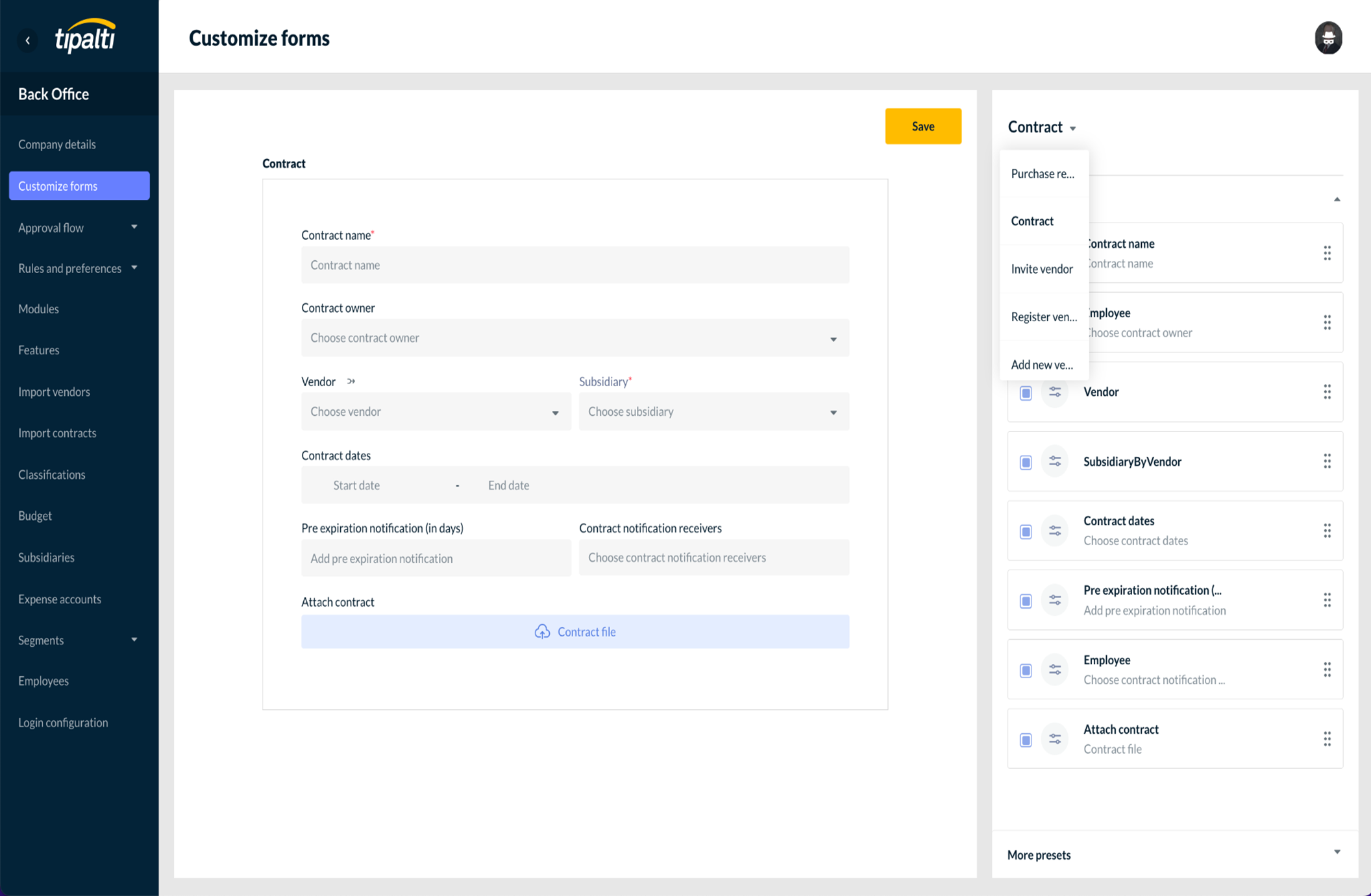 Customize forms page