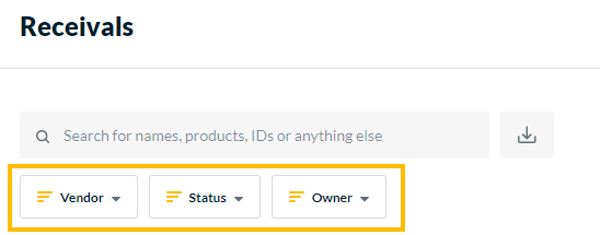 The filters on the Receivals page