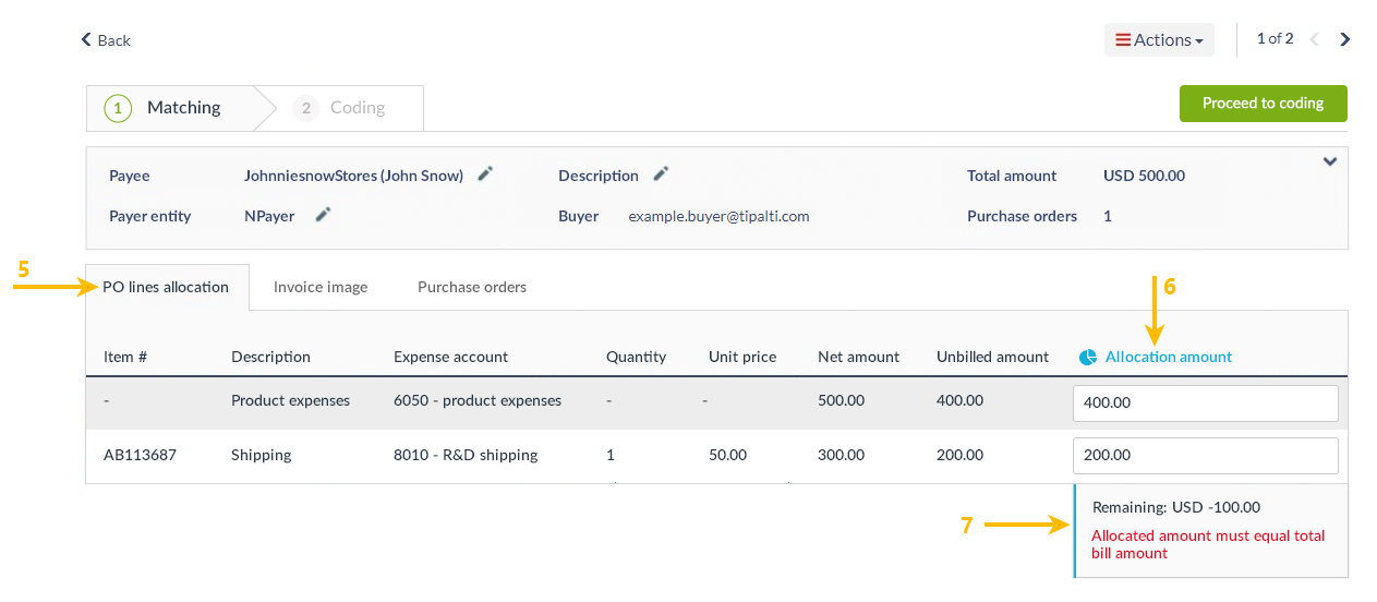 PO lines allocation subtab