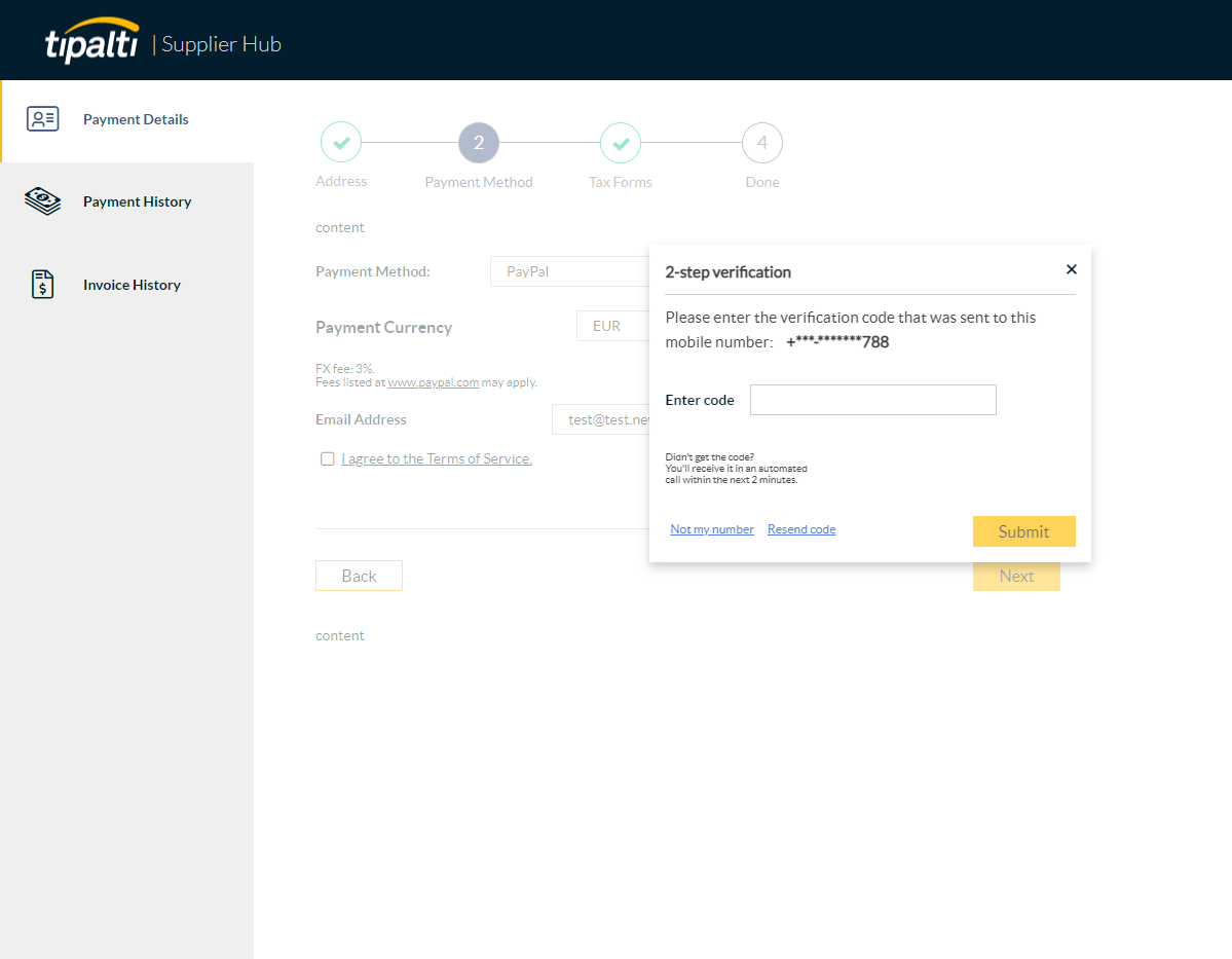 2FA for Tipalti Hub users logging in as payees