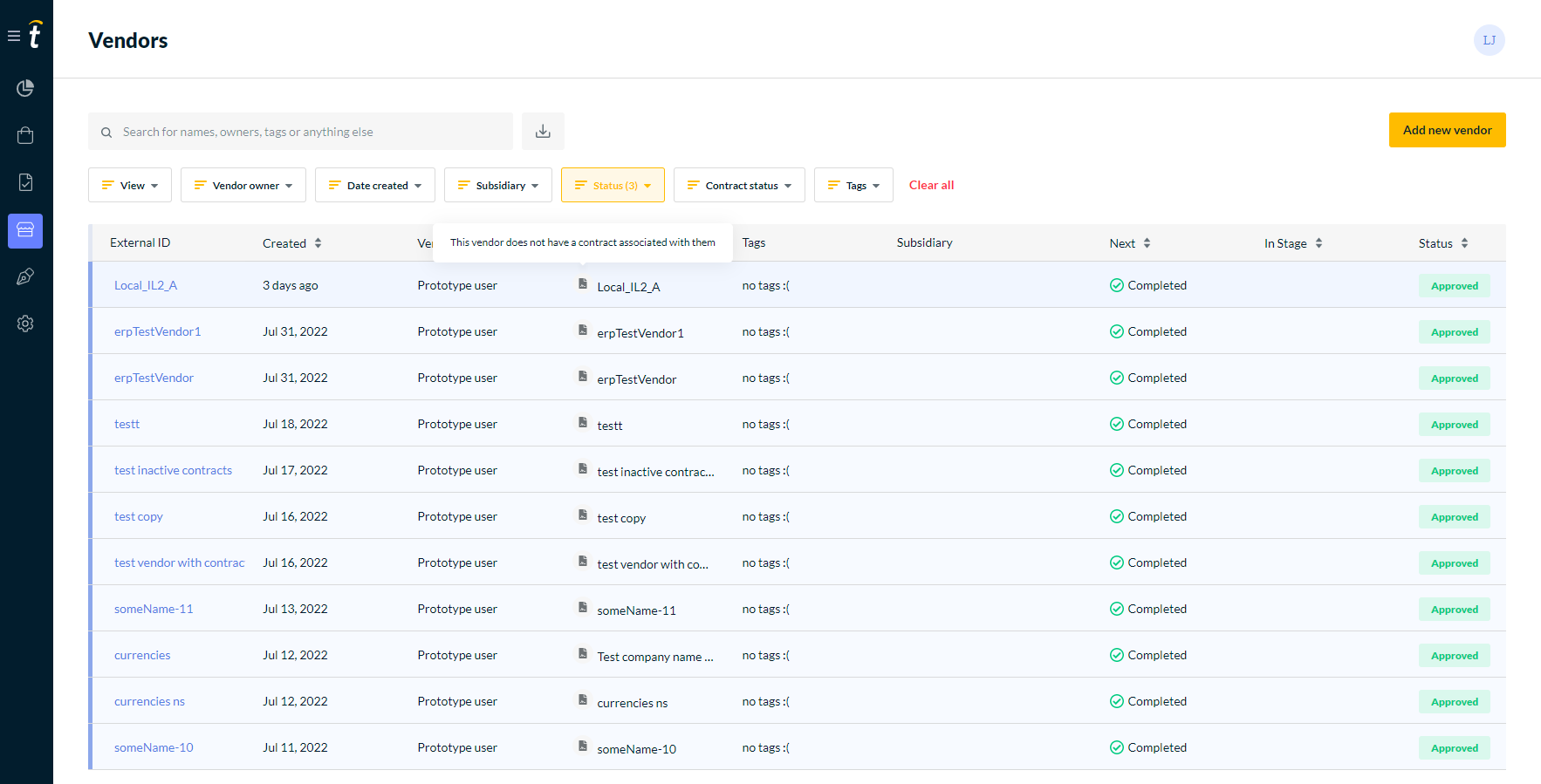 Contract status on the Vendors table