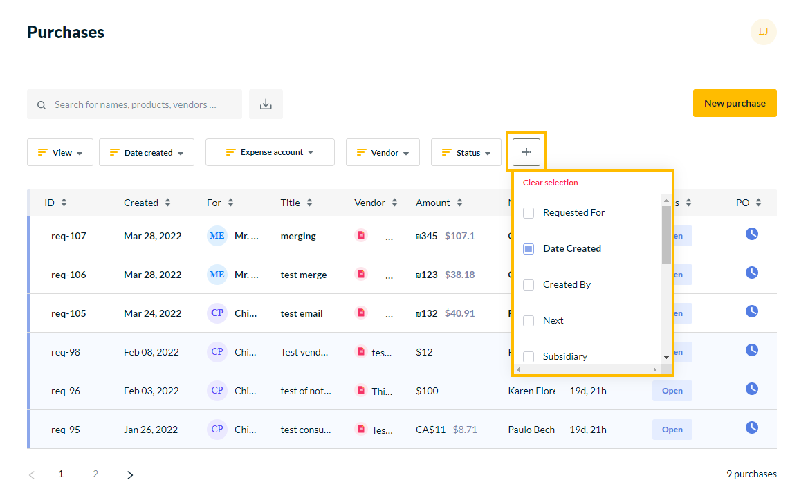 Filters available on Purchases page