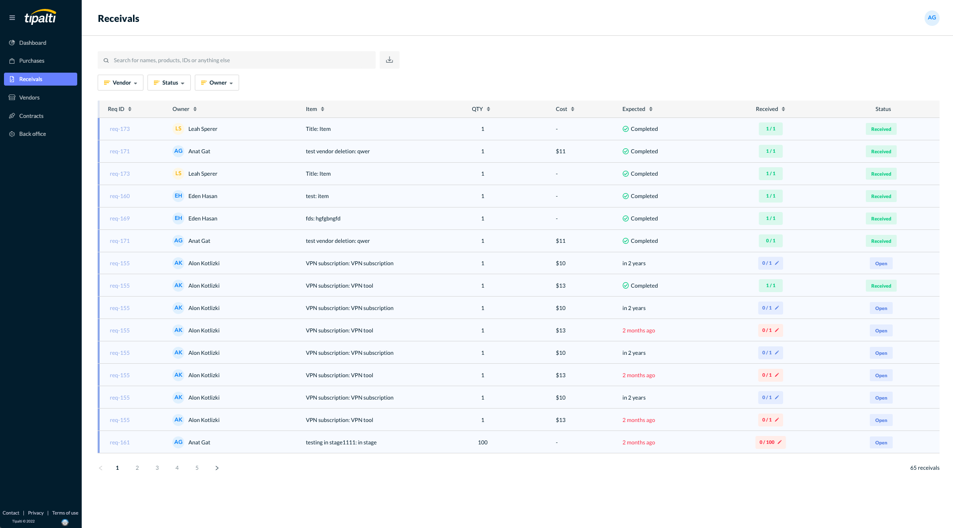 Receivals page