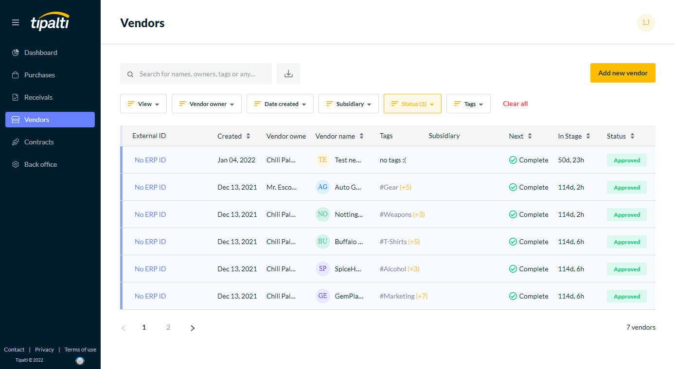 Vendors page