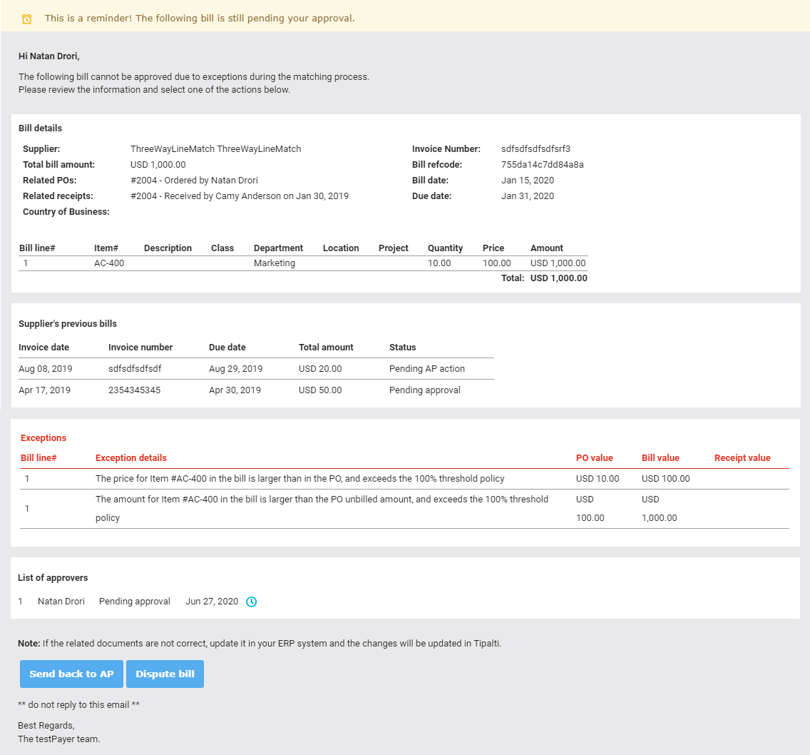 Unapproval PO-backed Bills Email
