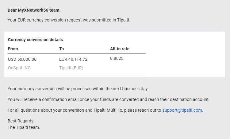 Currency conversion request email