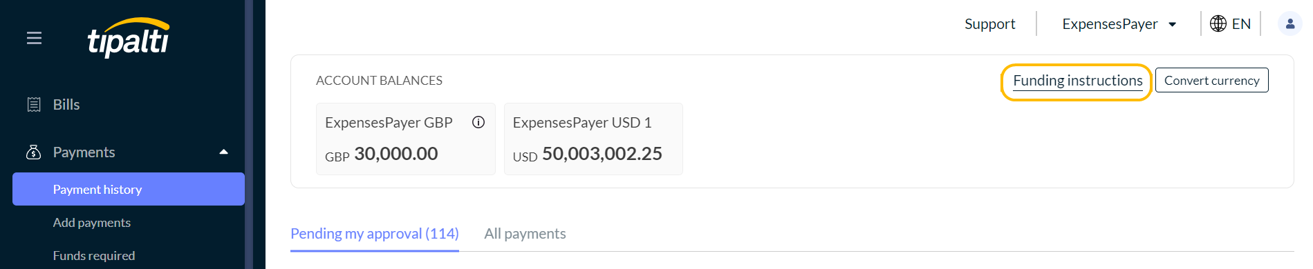 Payment history screen