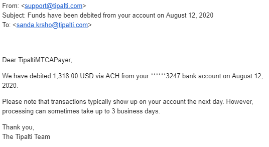 ACH debit email notification