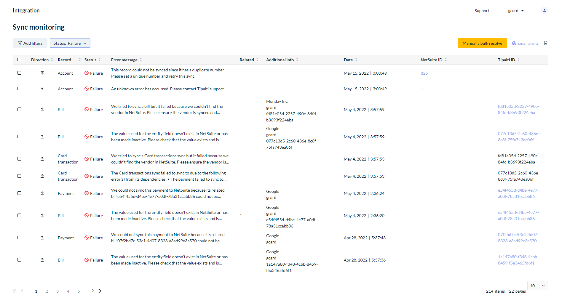 Card transactions on Sync Failures screen