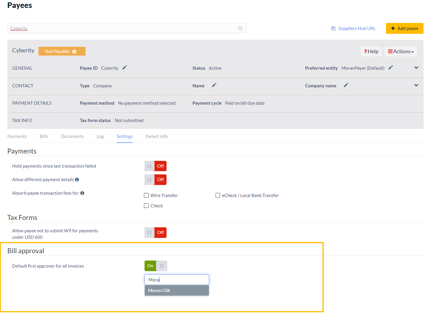 Bill approval section under Payee's Settings tab