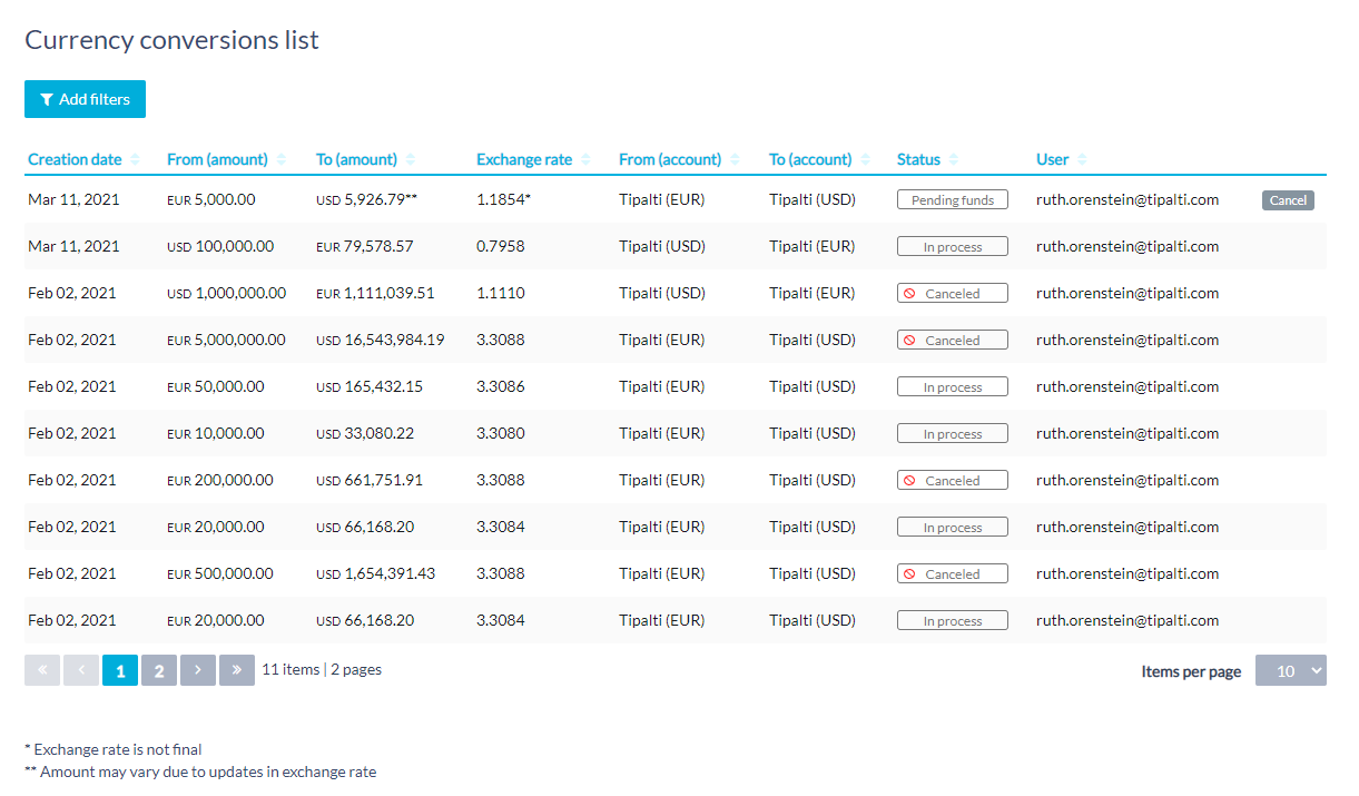 Currency conversions subtab