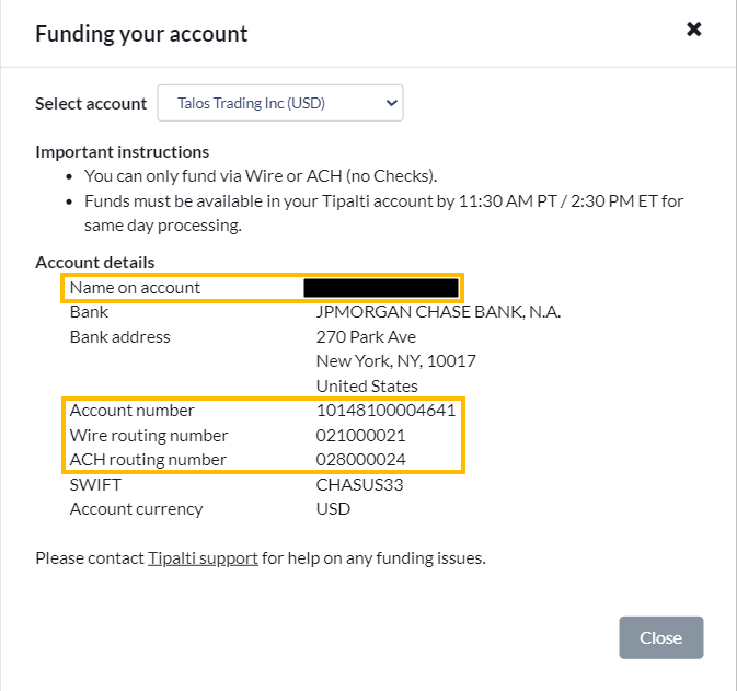 Funding instructions dialog