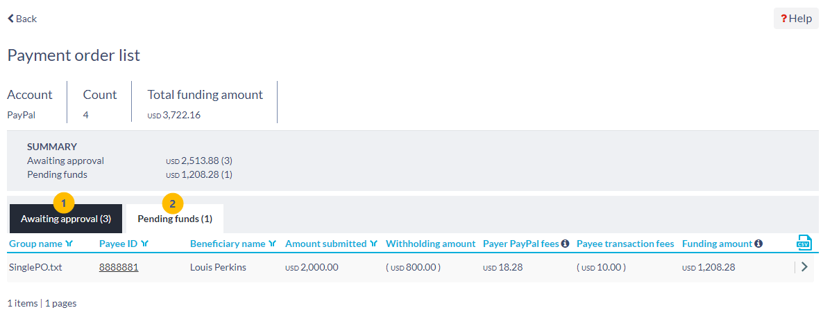Payment order list screen