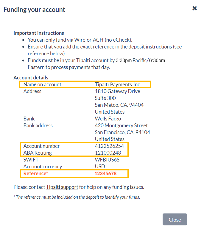 Add Funds using ACH or wire transfer