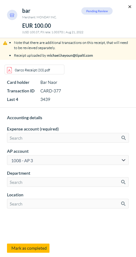 Transaction details pane