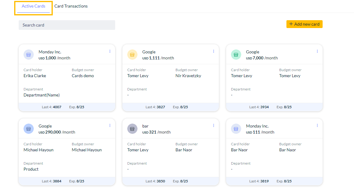 Active cards page