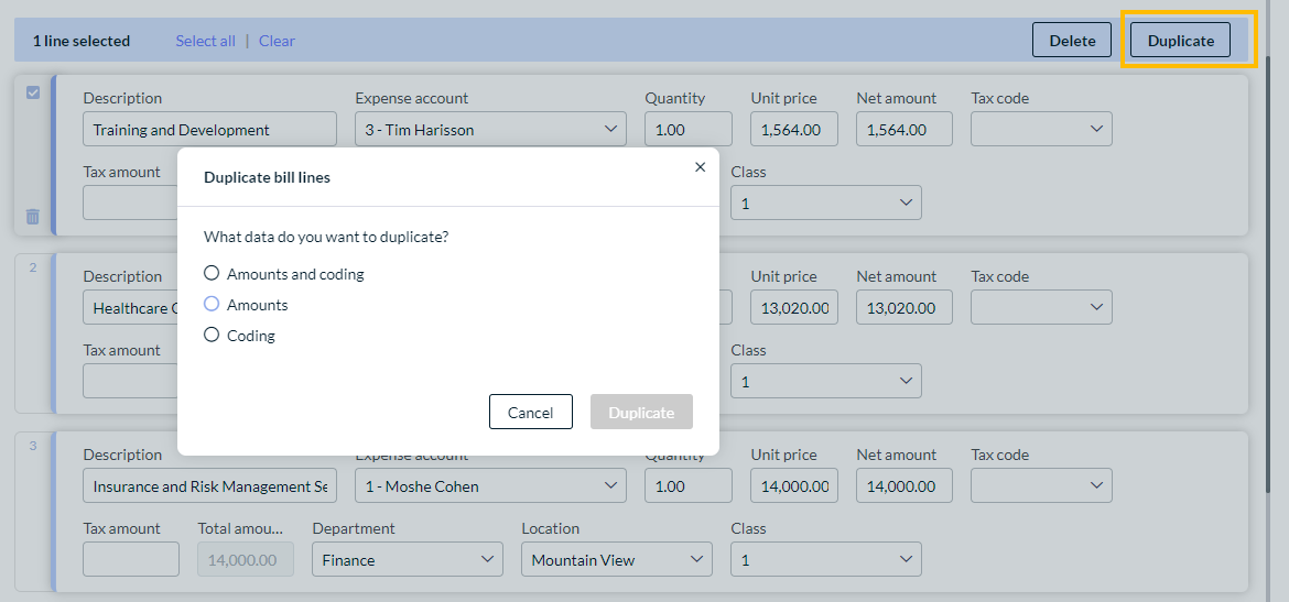 Duplicate bill lines dialog