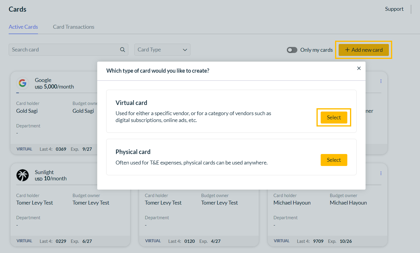 Select card dialog
