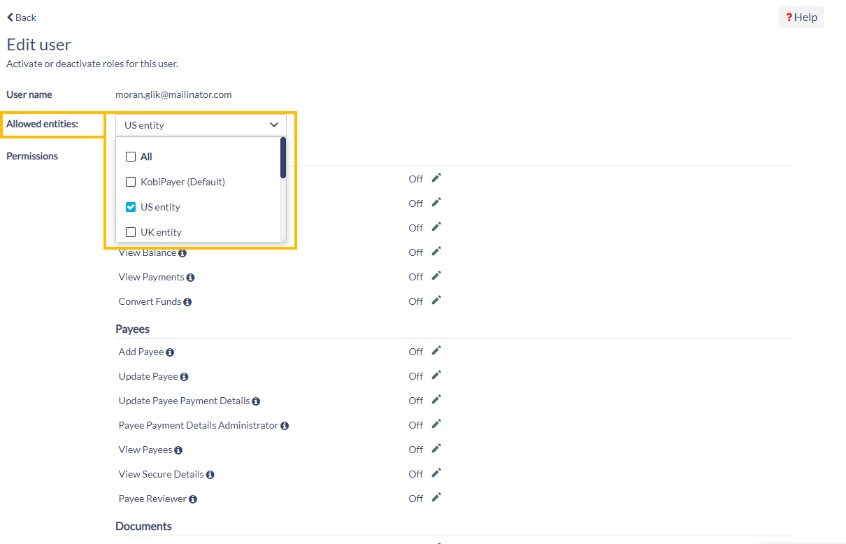 User management allowed entities