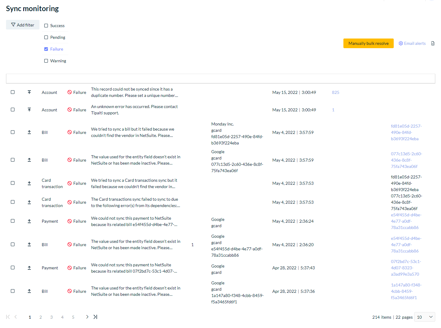 Sync monitoring screen