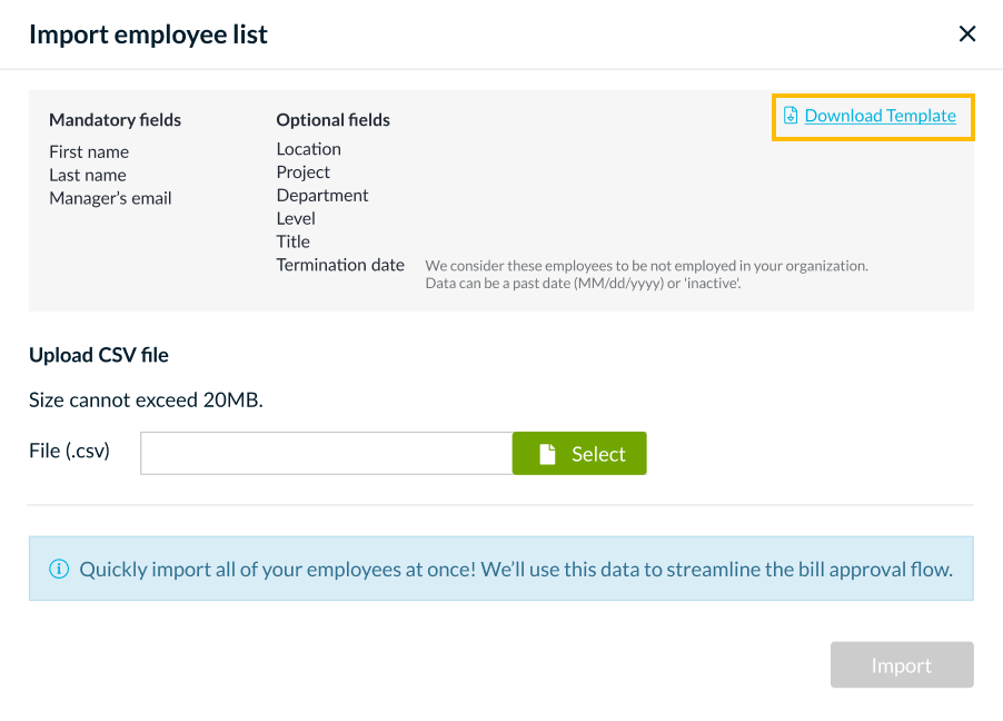 Download template in Import employee lis dialog