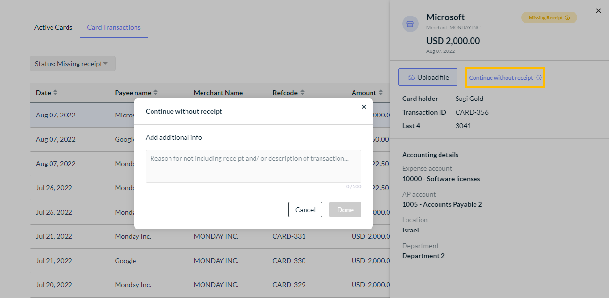 Continue without receipt dialog