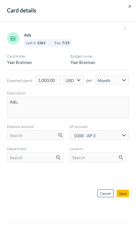 Editable card details section 