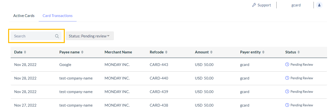 Search transaction box