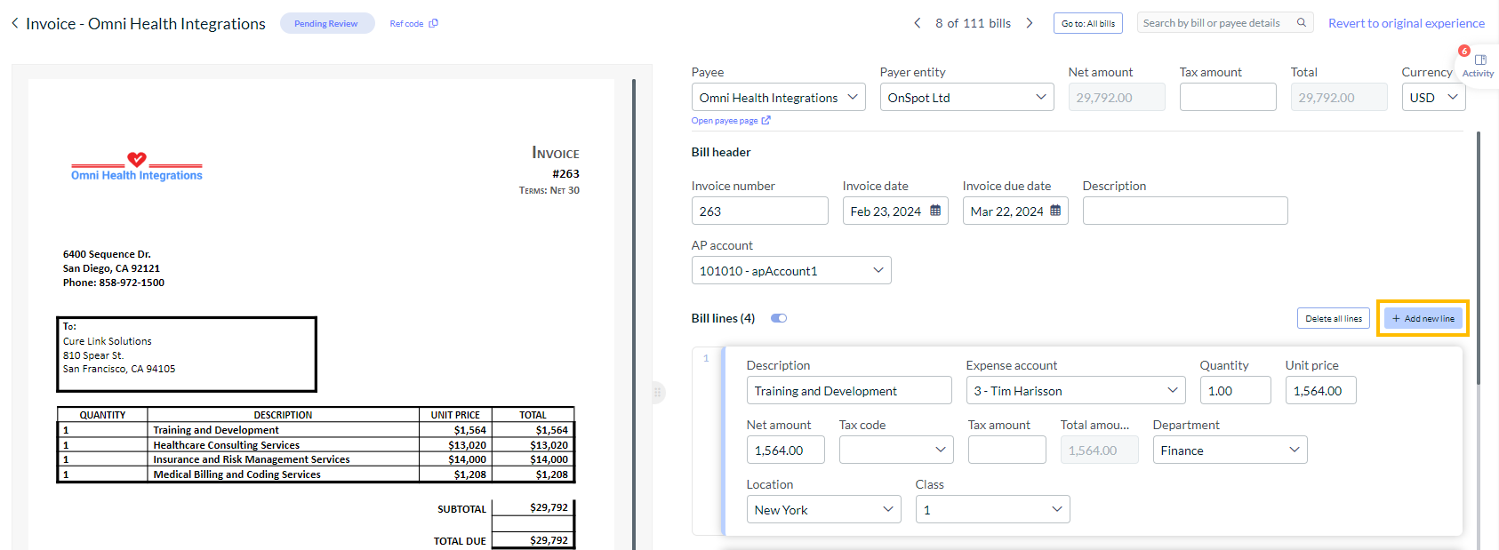 Invoice review screen