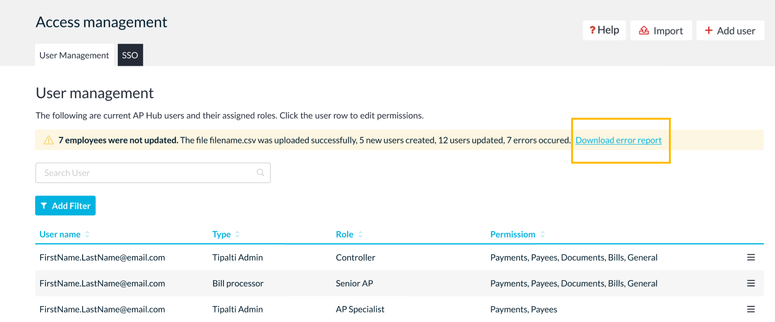 Employee upload validation orange banner