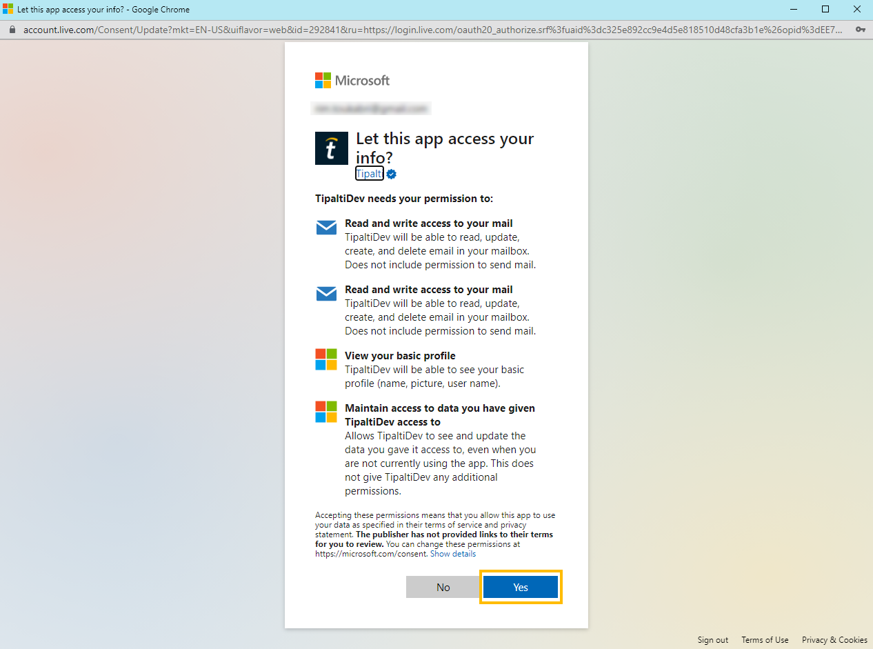 Allow Tipalti to access Microsoft account