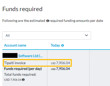 Tipalti invoice on Funds required screen