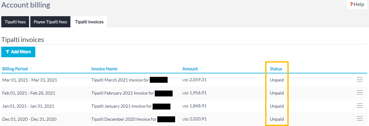 Unpaid invoices on Tipalti invoices screen