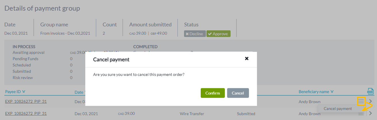 Cancel payment process