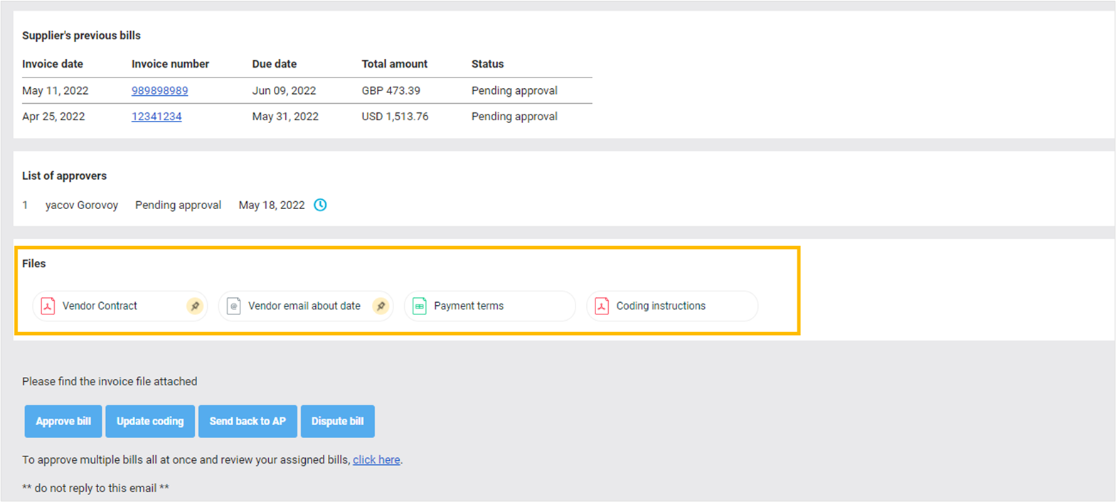 Bill attachments in approval email