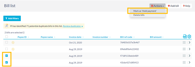 Hold payment for multiple bills