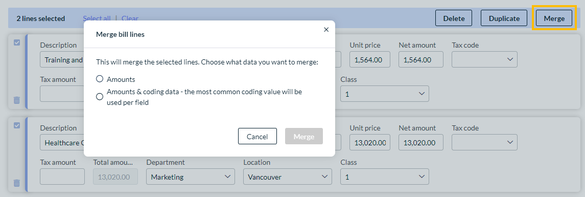 Merge bill lines dialog