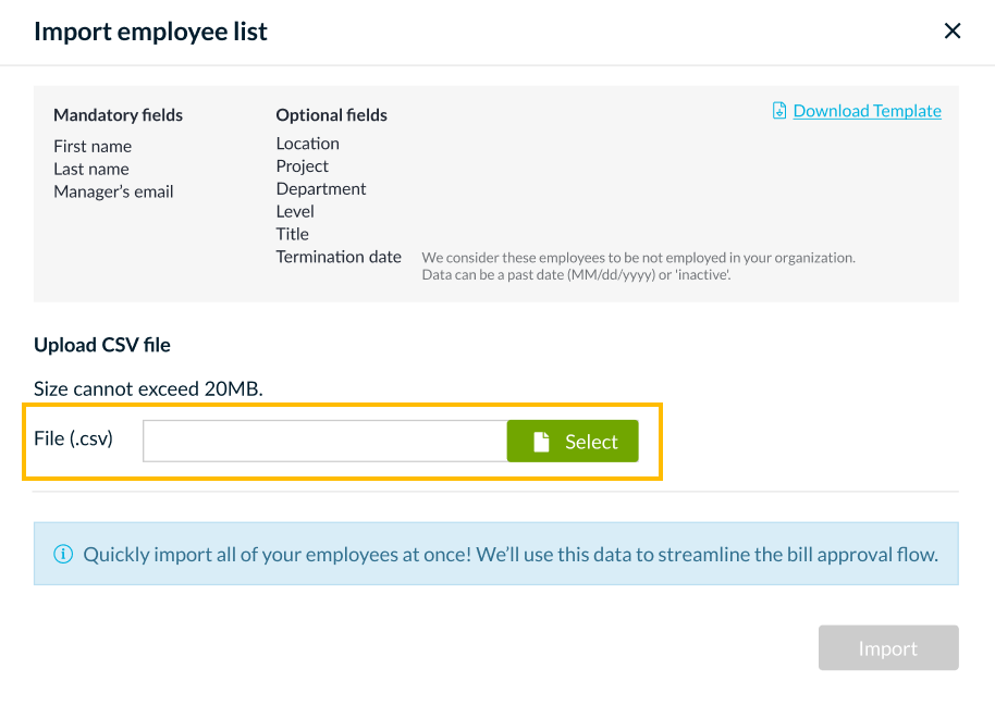 Import employee list dialog