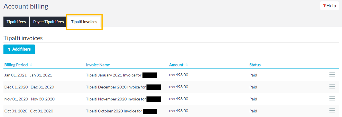 Tipalti invoices screen