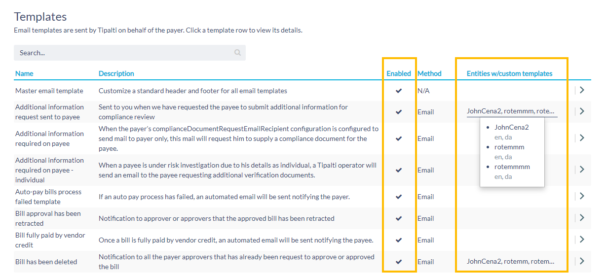 Templates screen for multi-entity