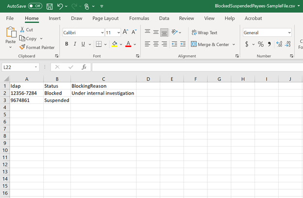 Blocked / Suspended Payees sample CSV file