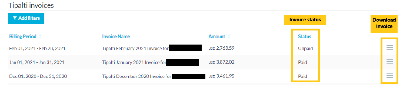 Tipalti invoices screen