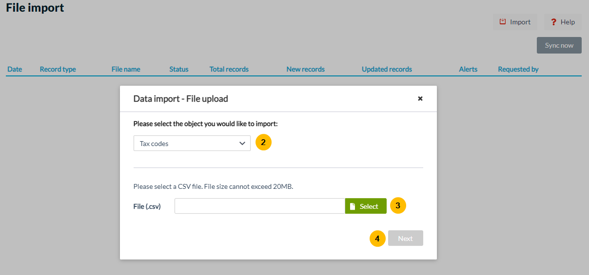 Data import - File upload dialog