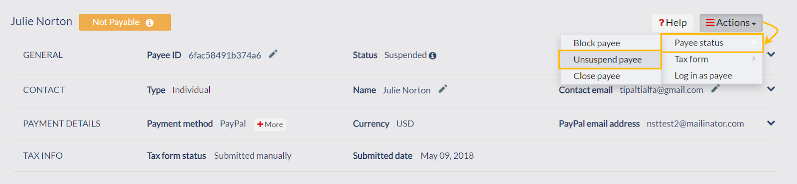 Unsuspend payee
